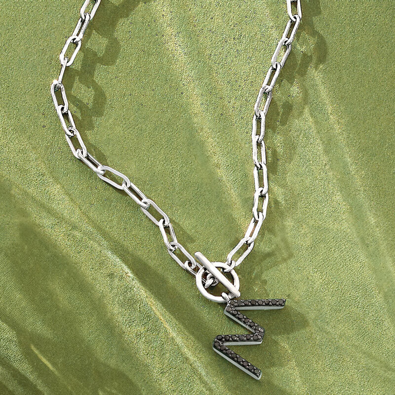 O - .10 ct. t.w. Black Diamond Initial Paper Clip Link Toggle Necklace in Sterling Silver. 16"   image number 3