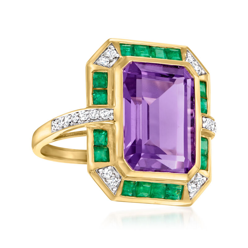7.00 Carat Amethyst, .80 ct. t.w. Emerald and .20 ct. t.w. Diamond Ring in 14kt Yellow Gold image number 3