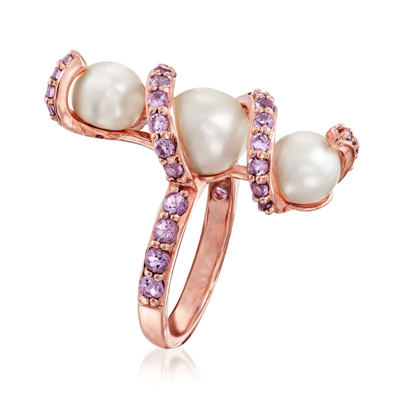 7-9mm Cultured Pearl and .90 ct. t.w. Amethyst Ring in 18kt Rose Gold Over Sterling Silver image number 2