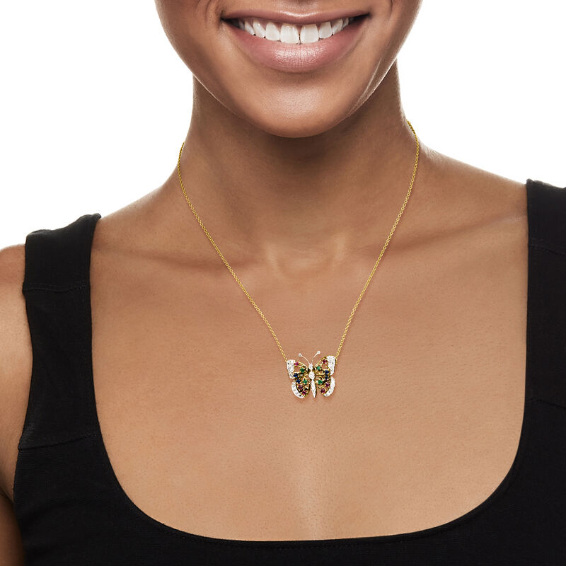 C. 1980 Vintage .66 ct. t.w. Multi-Gemstone Butterfly Necklace with .50 ct. t.w. Diamonds in 14kt Yellow Gold image number 1