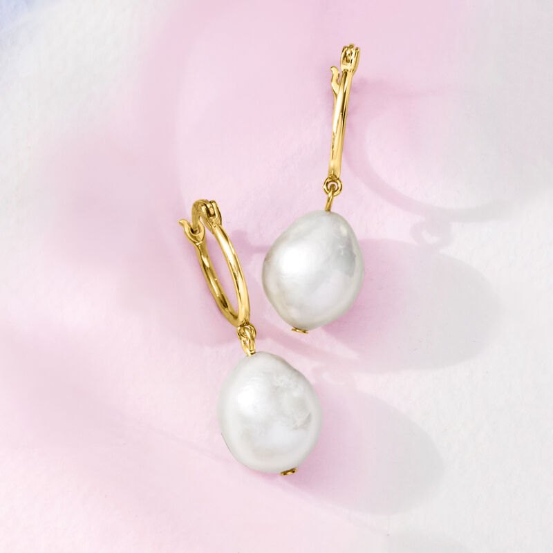 12-13mm Cultured Pearl Hoop Drop Earrings in 18kt Gold Over Sterling. 1 3/8&quot; image number 3