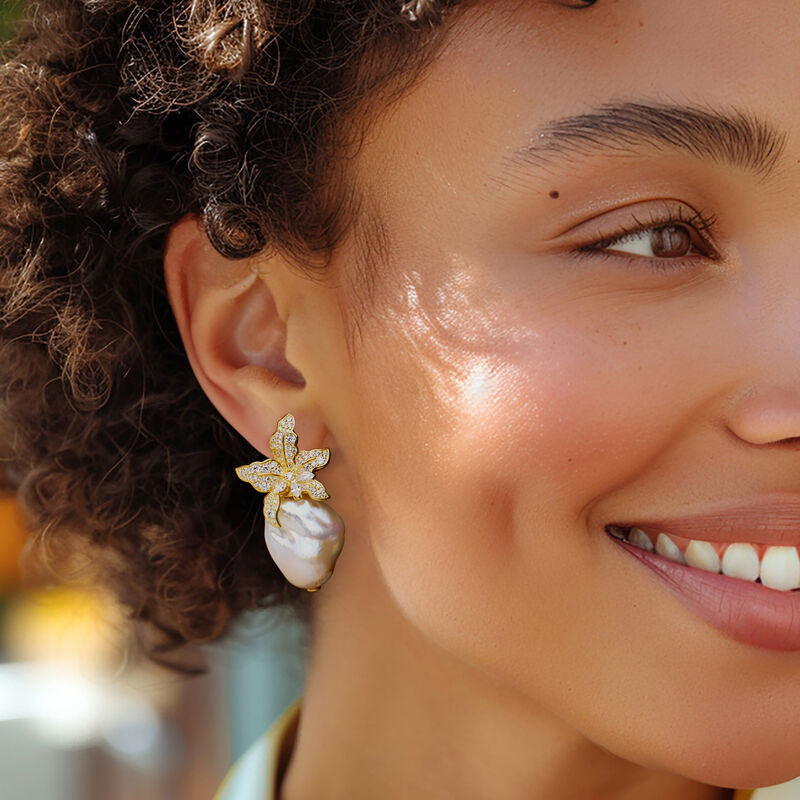 Italian 13-18mm Cultured Baroque Pearl and 1.80 ct. t.w. CZ Flower Earrings in 18kt Gold Over Sterling  image number 1