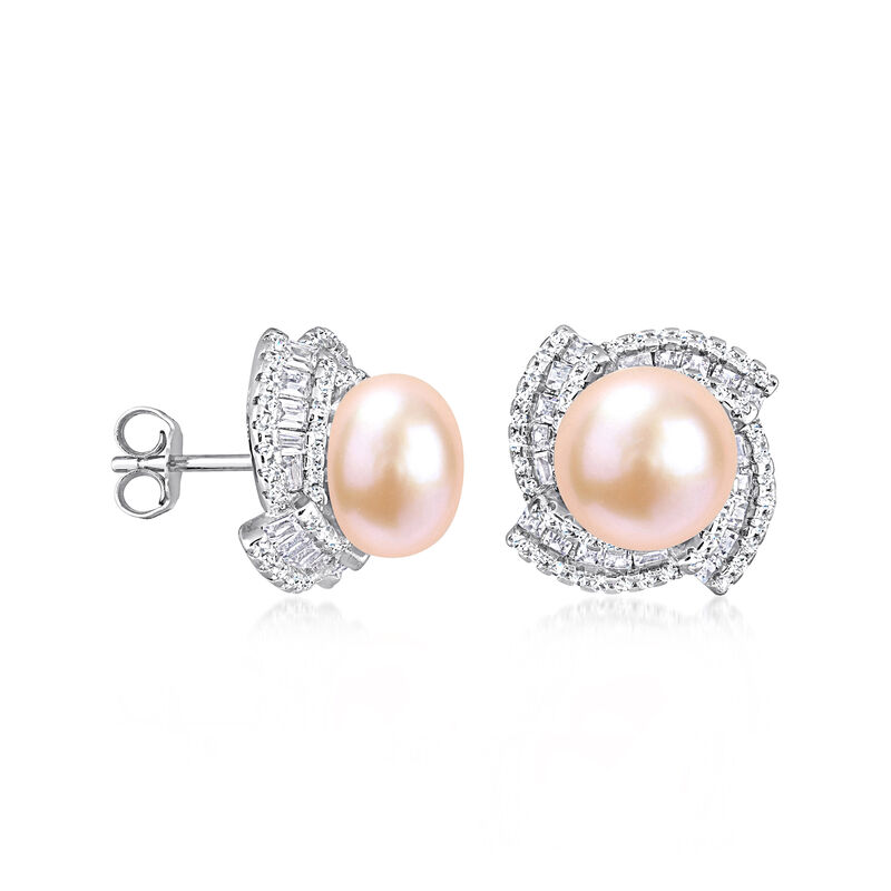 9-9.5mm Pink Cultured Pearl and 1.50 ct. t.w. CZ Stud Earrings in Sterling Silver image number 1