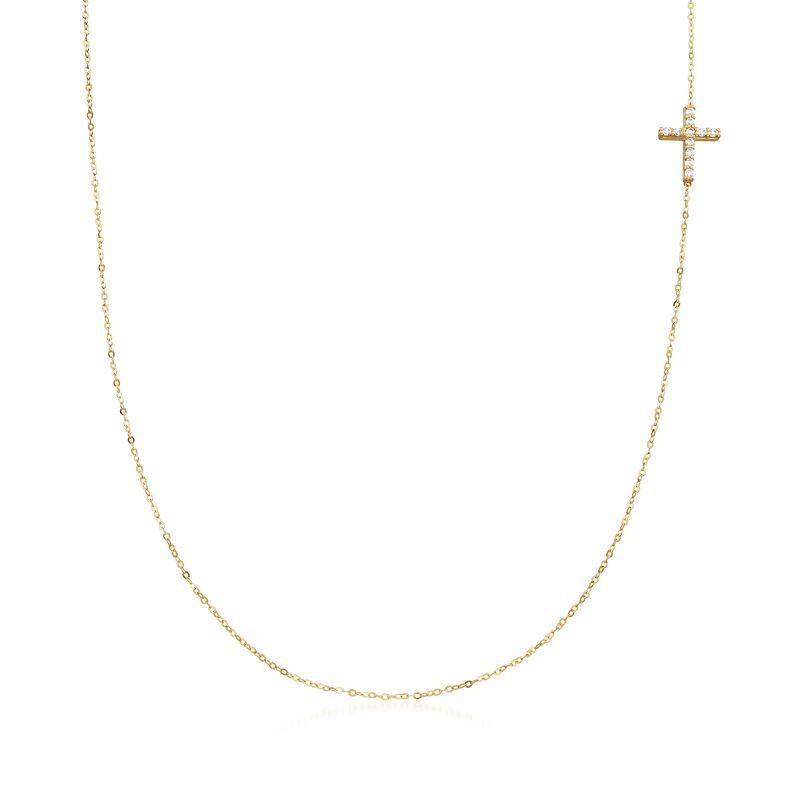 Italian .12 ct. t.w. CZ Sideways Cross Station Necklace in 14kt Yellow Gold. 18&quot; image number 1