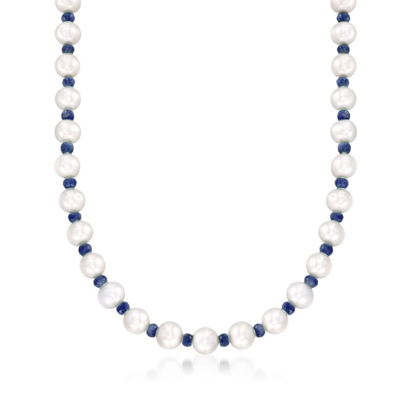 13.00 ct. t.w. Sapphire and 8-8.5mm Cultured Pearl Necklace with 14kt Yellow Gold. 18&quot; image number 1