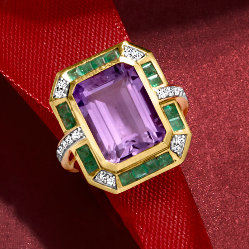 7.00 Carat Amethyst, .80 ct. t.w. Emerald and .20 ct. t.w. Diamond Ring in 14kt Yellow Gold image number 4