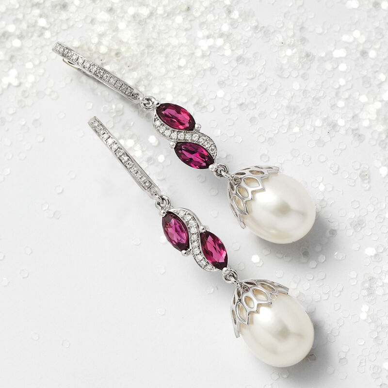 9-9.5mm Cultured Pearl, 1.20 ct. t.w. Rhodolite Garnet and .15 ct. t.w. Diamond Drop Hoop Earrings in Sterling Silver image number 3