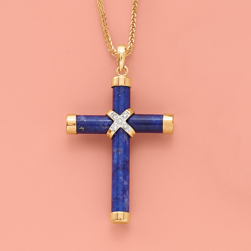 Lapis Cross Pendant with Diamond Accents in 14kt Yellow Gold image number 2