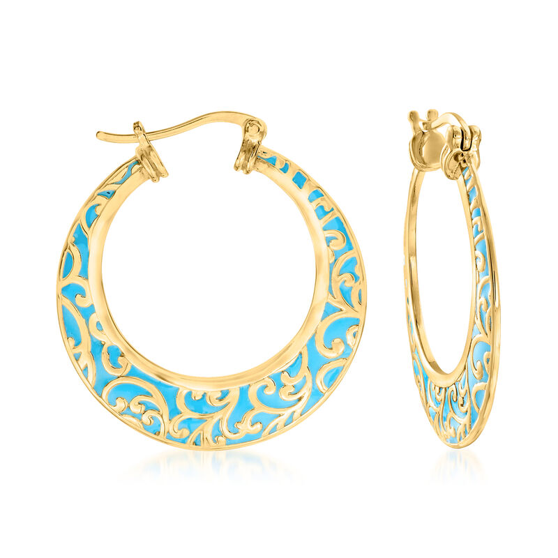 18kt Gold Over Sterling and Turquoise Enamel Scrollwork Hoop Earrings image number 0