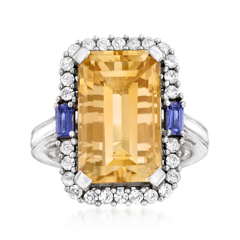 7.00 Carat Citrine, .70 ct. t.w. White Zircon and .10 ct. t.w. Iolite Ring in Sterling Silver image number 0