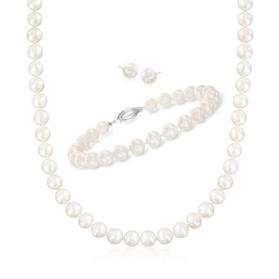 7-7.5mm Cultured Pearl Jewelry Set: Necklace, Bracelet and Stud Earrings in Sterling Silver