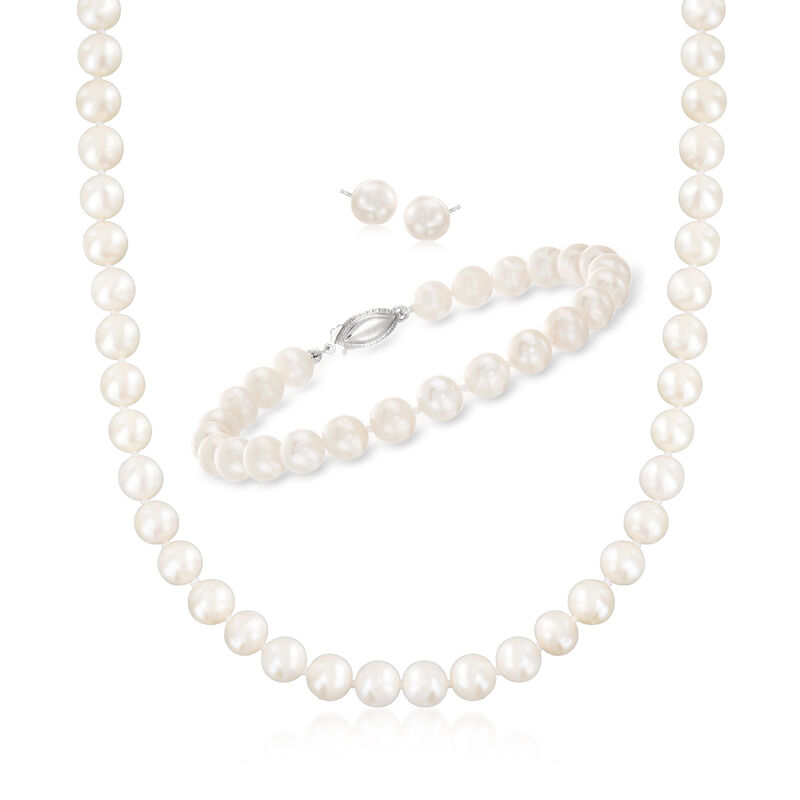 7-7.5mm Cultured Pearl Jewelry Set: Necklace, Bracelet and Stud Earrings in Sterling Silver image number 0