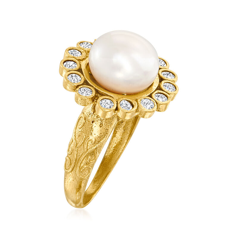 9.5-10mm Cultured Pearl Halo Ring with .45 ct. t.w. CZs in 18kt Gold Over Sterling image number 2