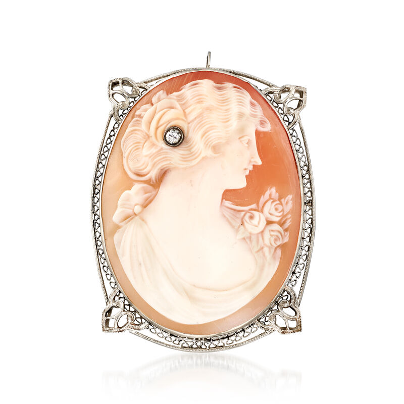 C. 1960 Vintage Pink Shell Cameo Pin Pendant with Diamond Accent in 14kt White Gold image number 1