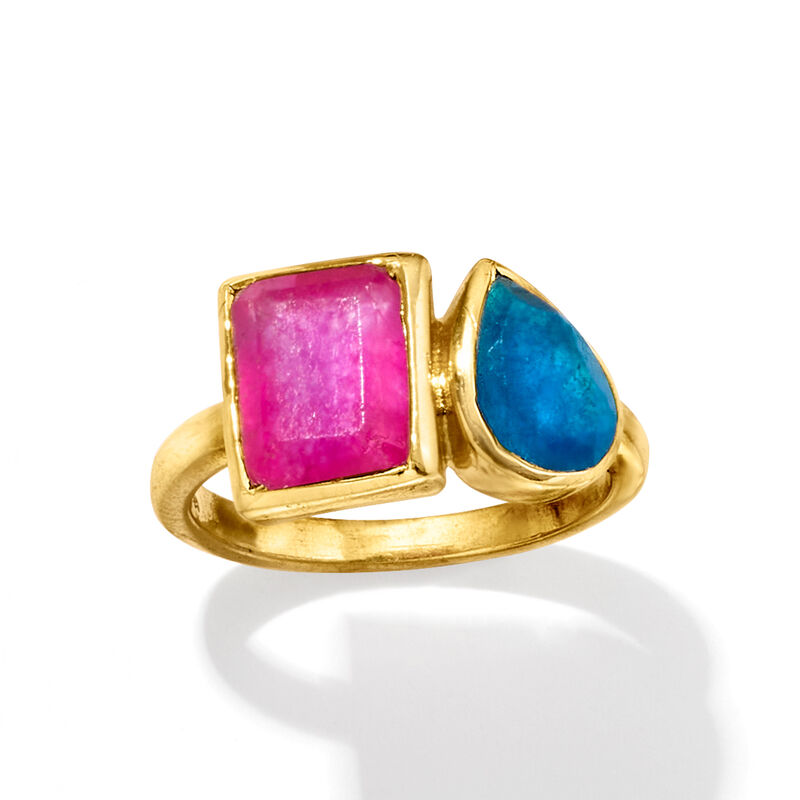 2.10 Carat Pink Quartz and 1.10 Carat Blue Quartz Toi et Moi Ring in 18kt Gold Over Sterling image number 4