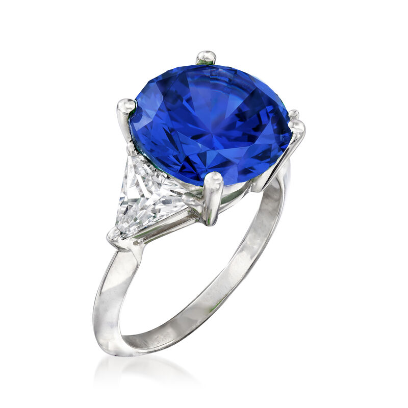 6.25 Carat Simulated Sapphire and 1.50 ct. t.w. CZ Ring in Sterling Silver image number 2