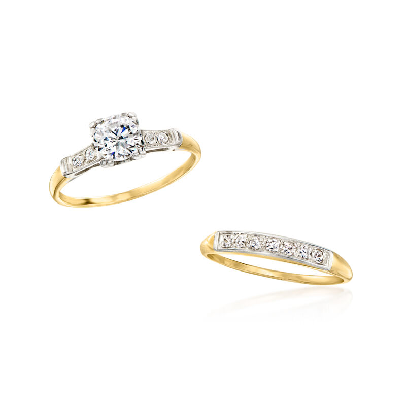 C. 1950 Vintage .93 ct. t.w. Diamond Bridal Set: Engagement and Wedding Rings in 14kt Yellow Gold image number 3