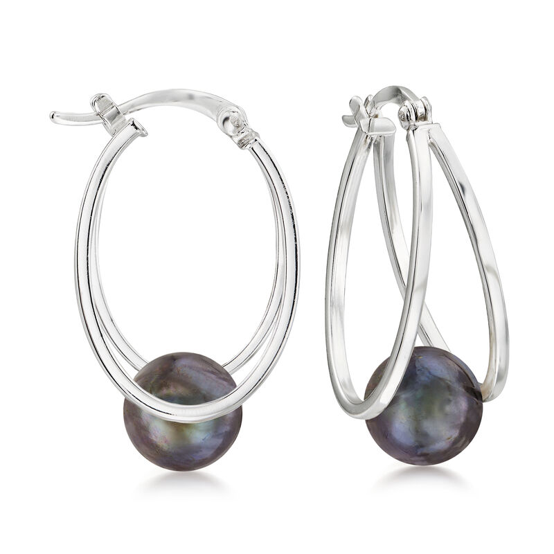 8-9mm Black Cultured Pearl Double-Hoop Earrings in Sterling Silver. 1&quot; image number 0