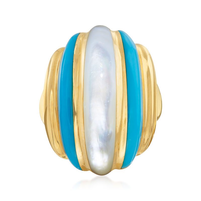C. 1980 Vintage Mother-Of-Pearl and Turquoise Ring in 14kt Yellow Gold. Size 6 image number 0