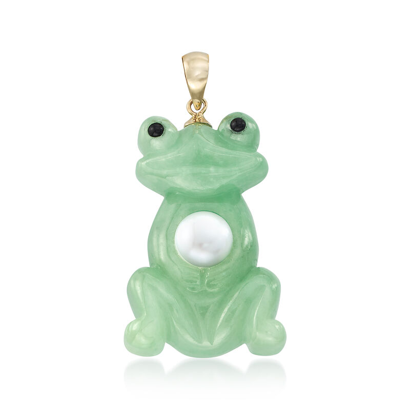 7mm Cultured Pearl and Green Jade Frog Pendant with 14kt Yellow Gold. image number 1