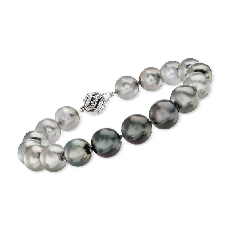 10-11mm Black Cultured Tahitian Pearl Bracelet with Diamonds with 14kt White Gold. 8.25&quot; image number 2