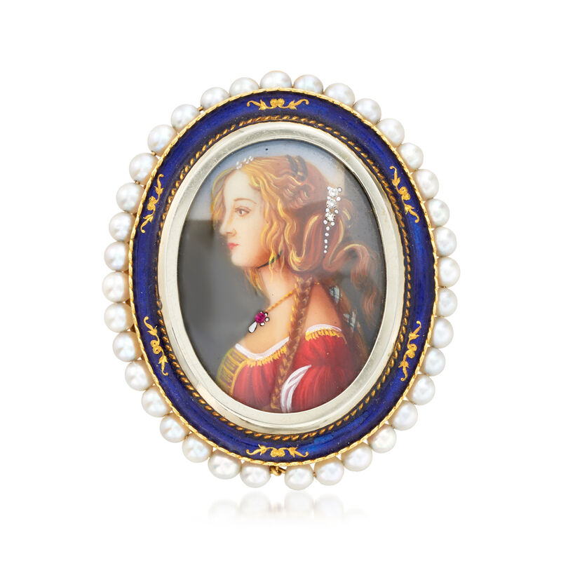 C. 1950 Vintage 3mm Cultured Pearl Painted Portrait Pin/Pendant with Enamel and Diamonds in 18kt Yellow Gold image number 3