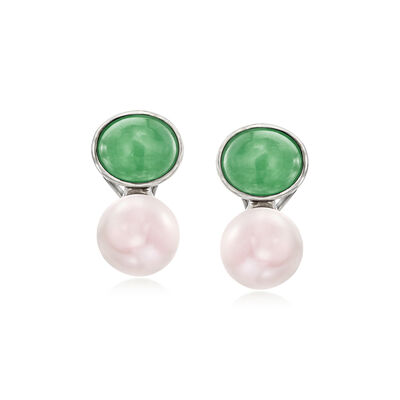 Jade and 12-12.5mm Cultured Pearl Earrings in Sterling Silver