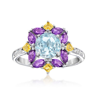 1.50 Carat Blue Topaz, .50 ct. t.w. Amethyst, .10 ct. t.w. Citrine Ring with White Topaz Accents in Sterling Silver