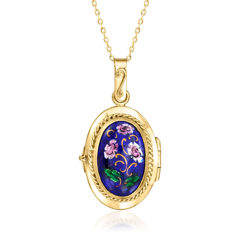 C. 1980 Vintage Multicolored Enamel Floral Locket Necklace in 14kt Yellow Gold. 18&quot; image number 0