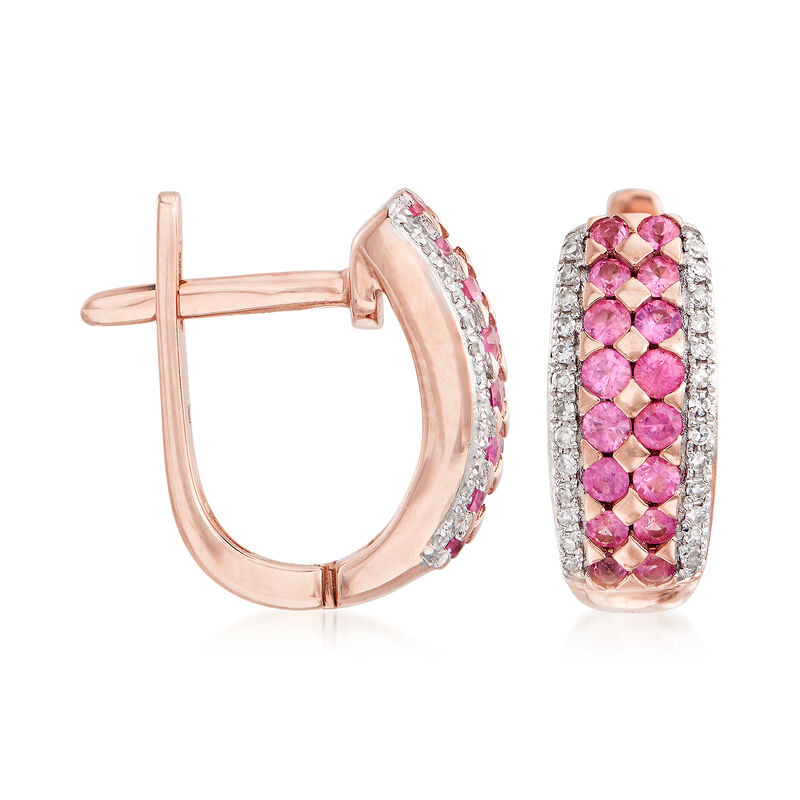 .50 ct. t.w. Pink Sapphire Huggie Hoop Earrings with .12 ct. t.w. Diamonds in 14kt Rose Gold image number 2