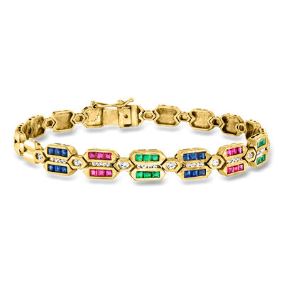 C. 1990 Vintage 2.10 ct. t.w. Multi-Gemstone and .40 ct. t.w. Diamond Bracelet in 18kt Yellow Gold