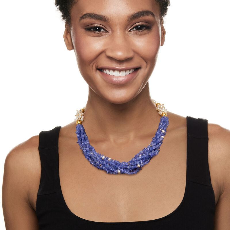310.00 ct. t.w. Tanzanite Necklace with 4.5-5.5 mm Cultured Pearls in 18kt Yellow Gold Over Sterling. 18&quot; image number 0