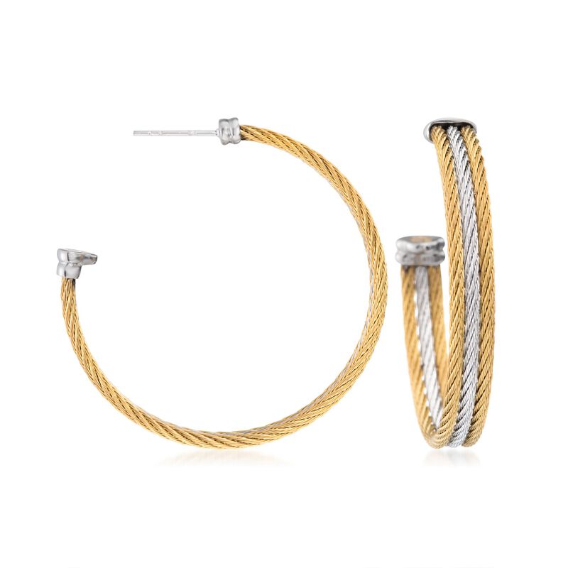 ALOR &quot;Classique&quot; Two-Tone Stainless Steel Multi-Cable Hoop Earrings with 18kt White Gold. 1 5/8&quot; image number 0
