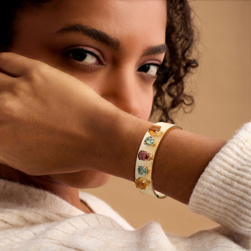 C. 1970 Vintage 16.60 ct. t.w. Multi-Gemstone Bangle Bracelet in 14kt Yellow Gold. 8" image number 1