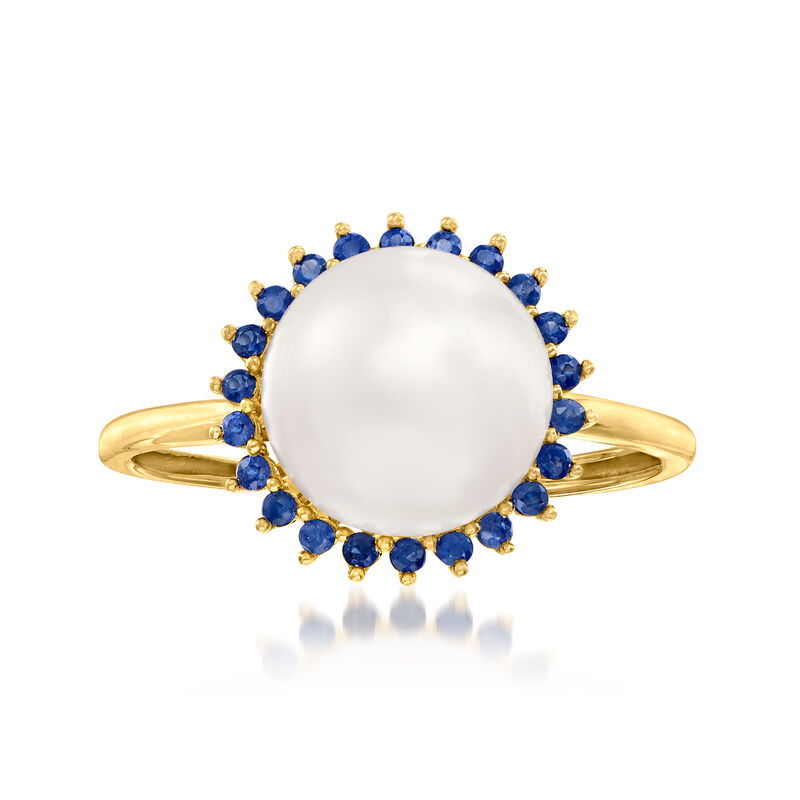 9-9.5mm Cultured Pearl and .20 ct. t.w. Sapphire Halo Ring in 14kt Yellow Gold image number 0