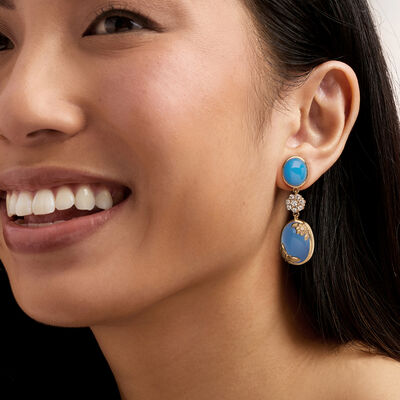 Blue Chalcedony and 1.10 ct. t.w. White Topaz Nature-Inspired Drop Earrings with Diamonds in 18kt Gold Over Sterling