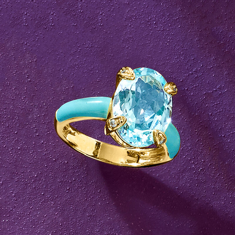 6.25 Carat Sky Blue Topaz Ring with Swiss Blue Topaz and Pastel Blue Enamel in 18kt Gold Over Sterling. Size 5 image number 3