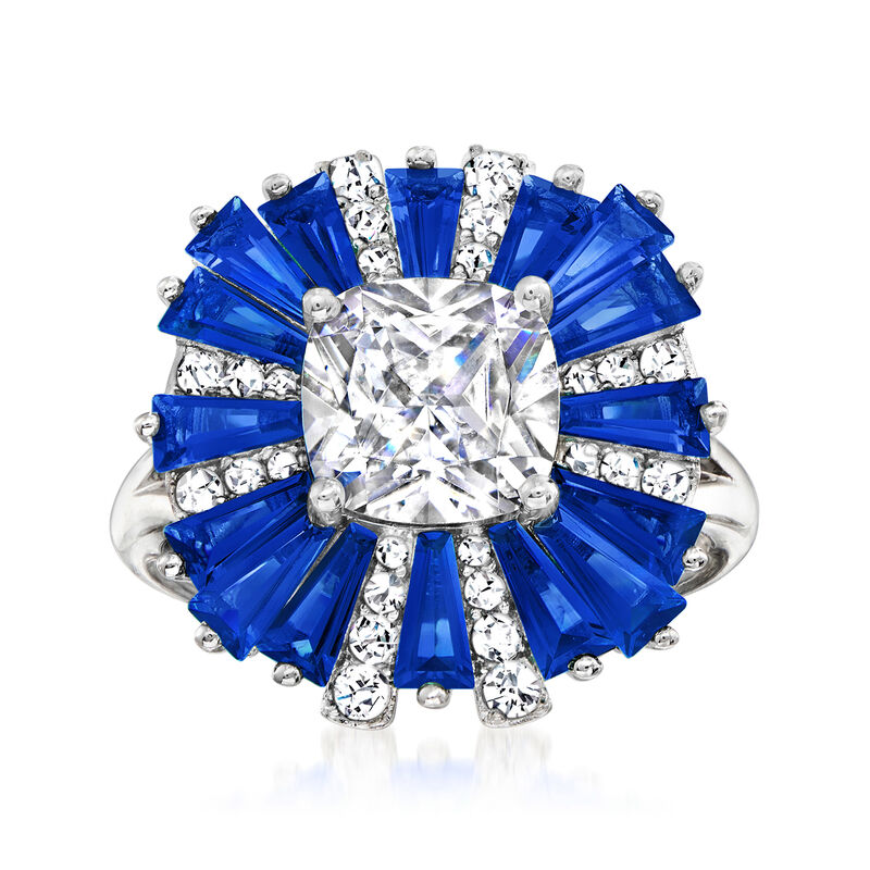 2.80 ct. t.w. CZ and 2.00 ct. t.w. Simulated Sapphire Ring in Sterling Silver image number 0