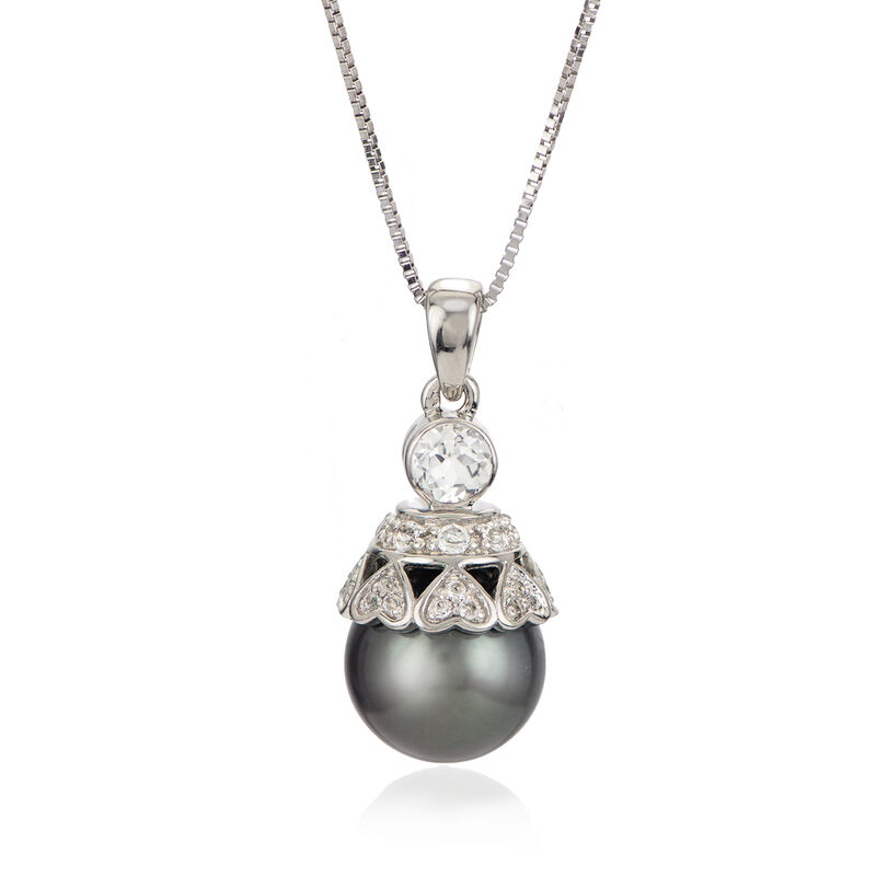 Black Cultured Tahitian Pearl and .50 ct. t.w. White Topaz Pendant Necklace in Sterling Silver image number 0