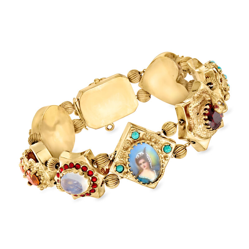 C. 1950 Vintage 1.5-5.5mm Cultured Pearl and 9.91 ct. t.w. Multi-Gemstone Slide Bracelet in 14kt Yellow Gold. 7&quot; image number 0