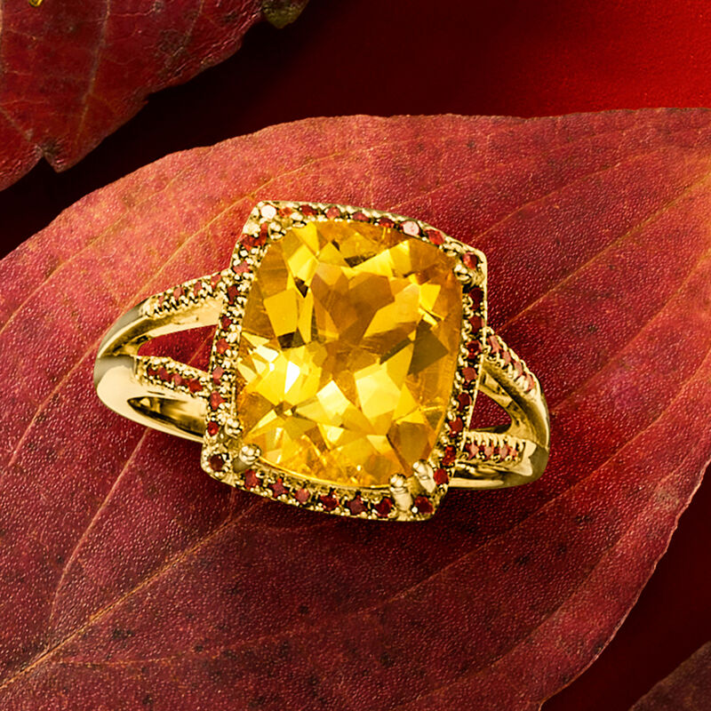 4.80 Carat Citrine and .29 ct. t.w. Red Diamond Ring in 18kt Gold Over Sterling image number 3