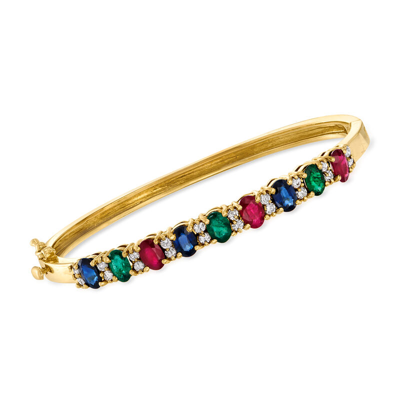 C. 1980 Vintage 4.05 ct. t.w. Multi-Gem and .80 ct. t.w. Diamond Bangle Bracelet in 14kt Yellow Gold image number 0