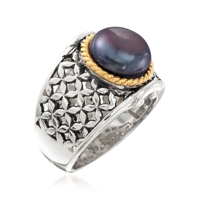 9.5-10mm Black Cultured Button Pearl Ring in Two-Tone Sterling Silver image number 2