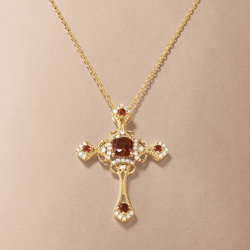 1.00 ct. t.w. Garnet and .19 ct. t.w. Diamond Cross Pendant Necklace in 14kt Yellow Gold image number 2