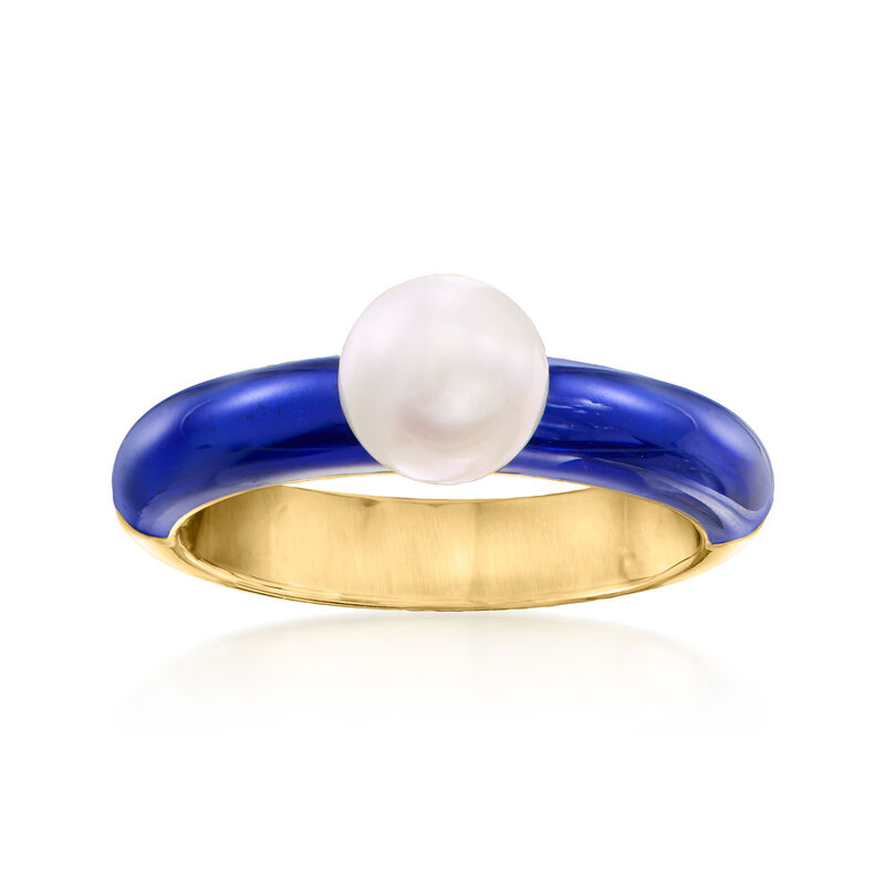 6.5-7mm Cultured Pearl and Blue Enamel Ring in 18kt Gold Over Sterling image number 0