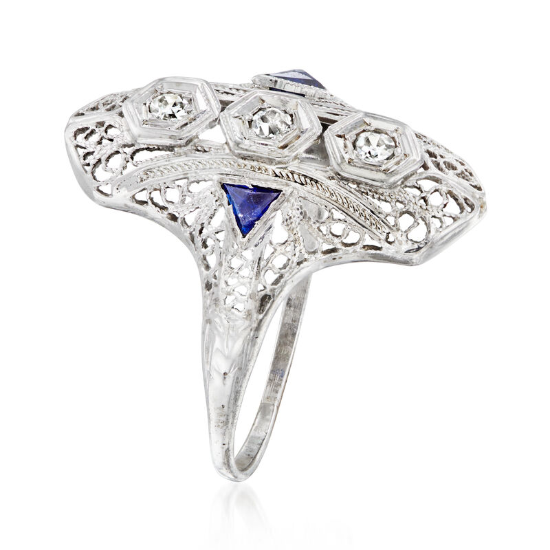 C. 1930 Vintage .10 ct. t.w. Diamond Filigree Ring with Synthetic Sapphires in 14kt White Gold. Size 5 image number 2