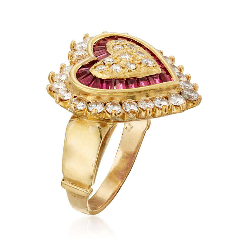 C. 1980 Vintage .75 ct. t.w. Diamond and .50 ct. t.w. Ruby Heart-Shaped Ring in 18kt Yellow Gold image number 2