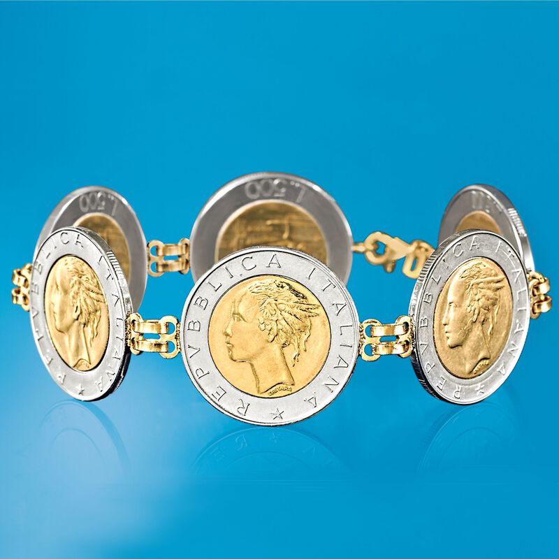 Italian Genuine 500-Lira Coin Bracelet with 14kt Yellow Gold. 8&quot; image number 2