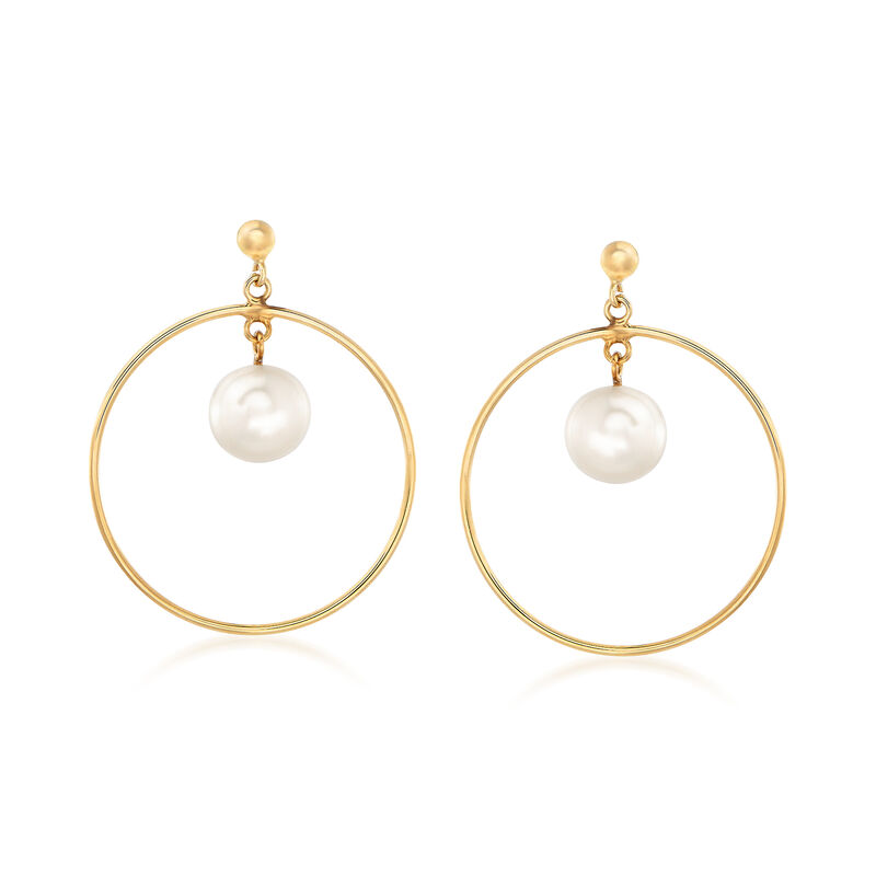 Italian 8-8.5mm Cultured Pearl Drop and Hoop Earrings in 14kt Yellow Gold. 1 1/4&quot; image number 0