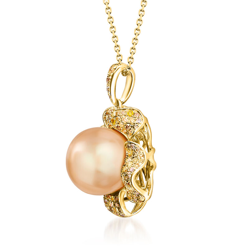 11-12mm Golden Cultured South Sea Pearl and .79 ct. t.w. Diamond Flower Pendant Necklace in 14kt Yellow Gold. 16" image number 1